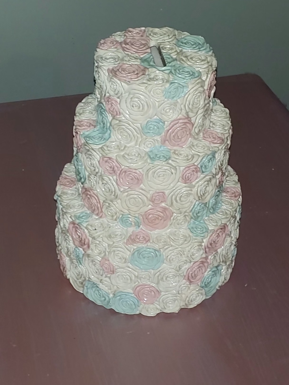 Tiered Floral Rose Cake Piggy Bank - White with Pastel Pink & Blue Roses